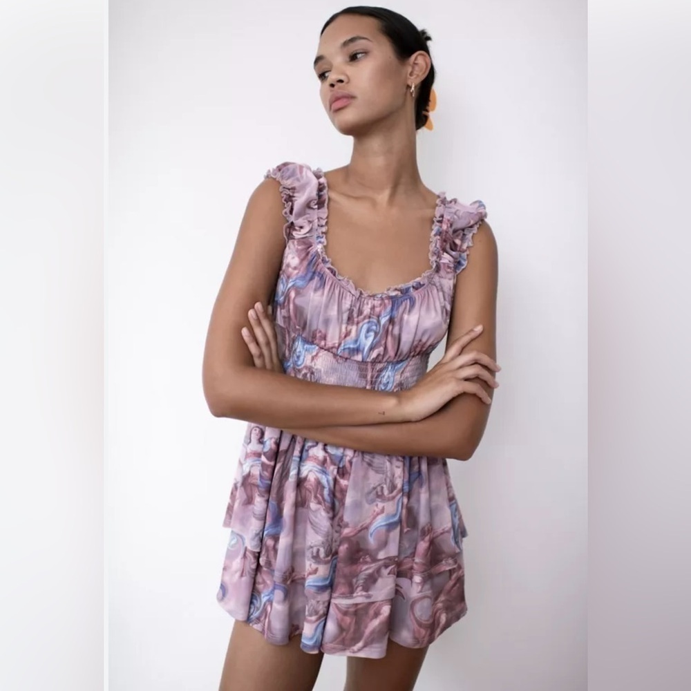 Urban Outfitters Rosie Mesh Swingy Romper Renaissance Print Smocked Tiered Small